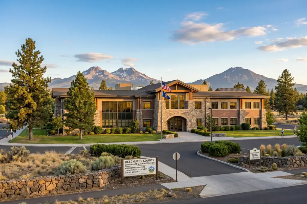 Bend Oregon government building with Cascade Mountains in the background representing STR permitting and zoning regulations