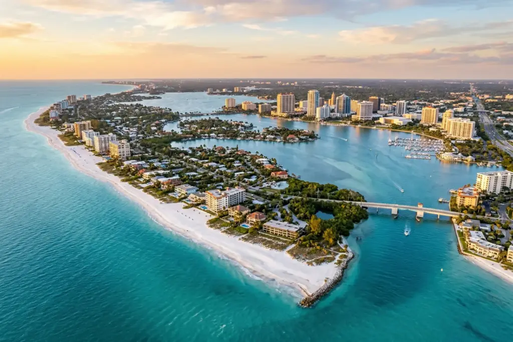 Aerial view of Sarasota Florida Gulf Coast showing barrier islands, white sand beaches, and waterfront vacation rental properties at golden hour