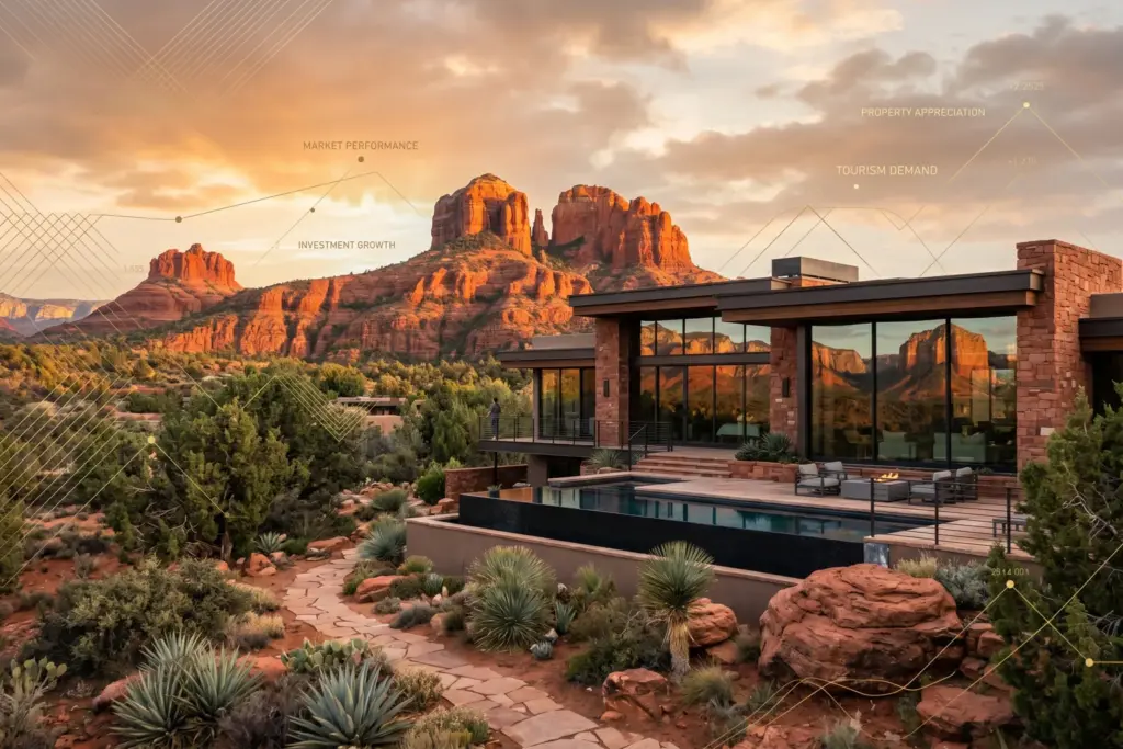 Sedona Arizona red rock landscape with vacation rental property showing STR market data analysis
