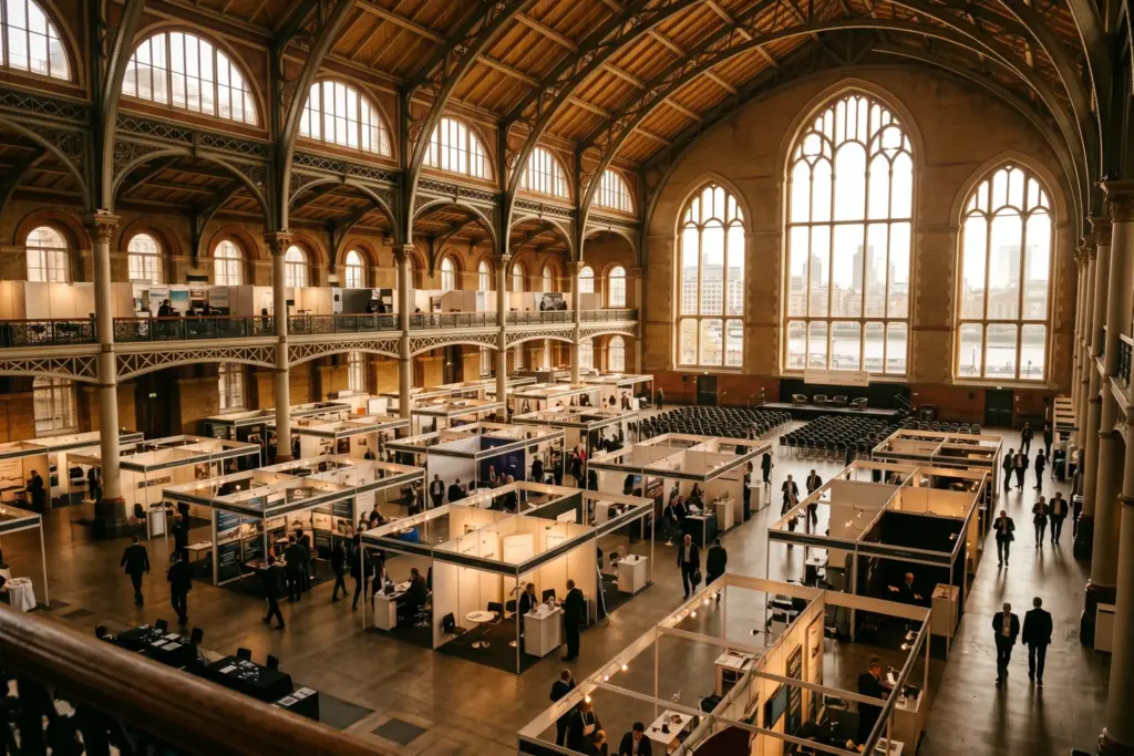 Interior of a grand London conference venue during the Short Stay Summit 2026 with exhibition booths and warm lighting