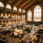 Interior of a grand London conference venue during the Short Stay Summit 2026 with exhibition booths and warm lighting