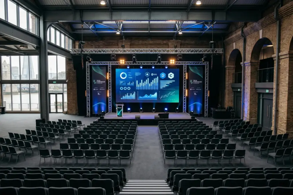 Short Stay Summit London 2026 conference venue with digital screens and tech conference atmosphere