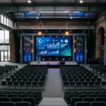 Short Stay Summit London 2026 conference venue with digital screens and tech conference atmosphere