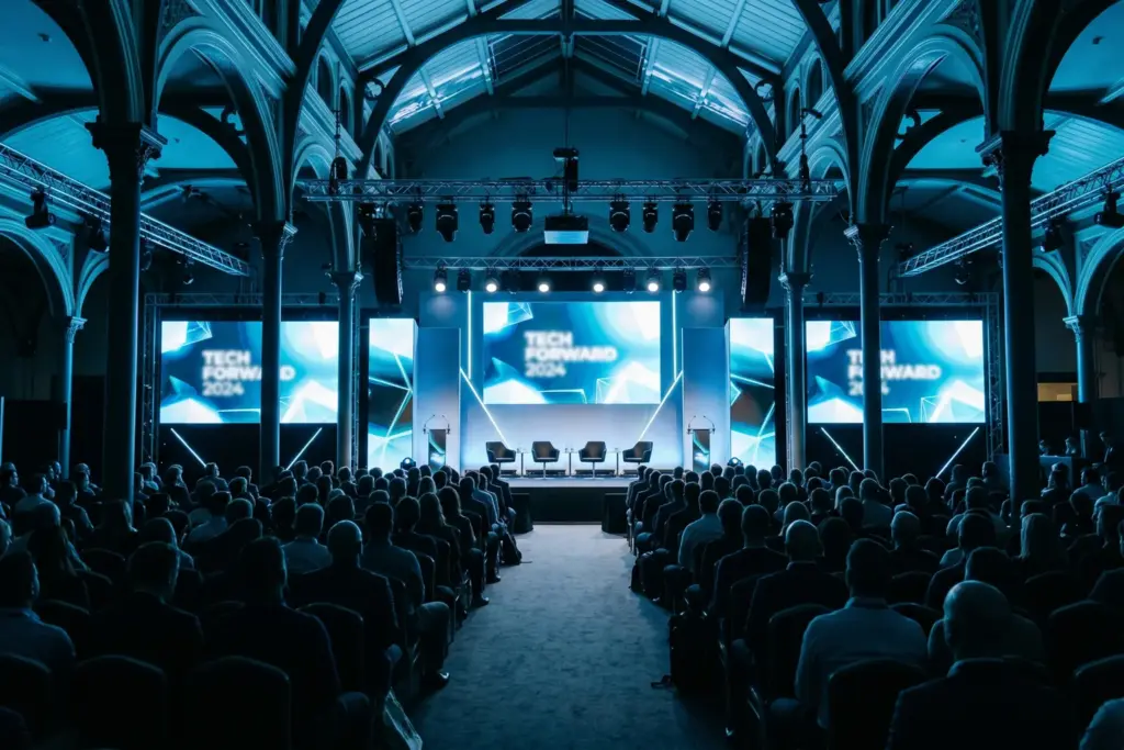 Short Stay Summit London 2026 conference venue with modern stage setup and dramatic lighting