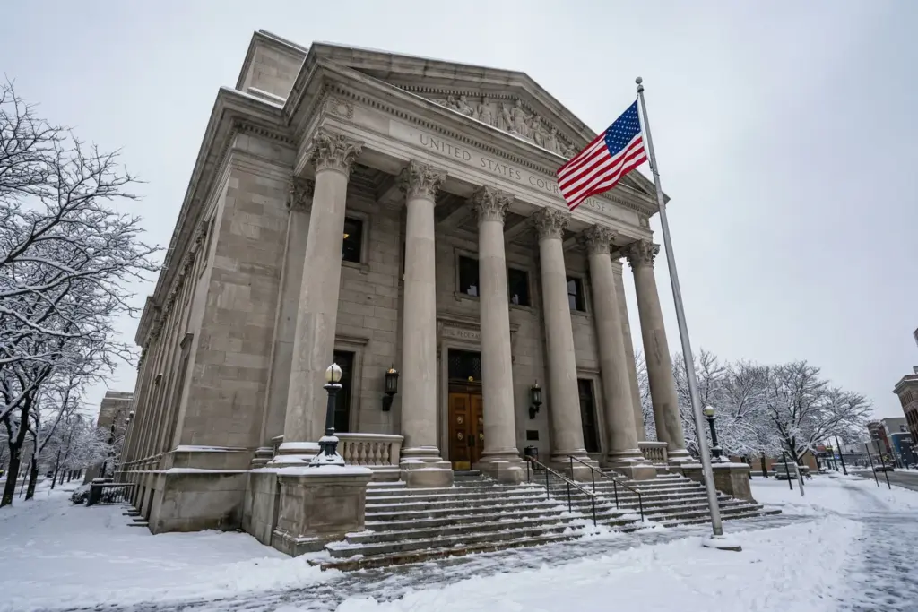 Federal courthouse with American flag representing constitutional challenges to STR bans