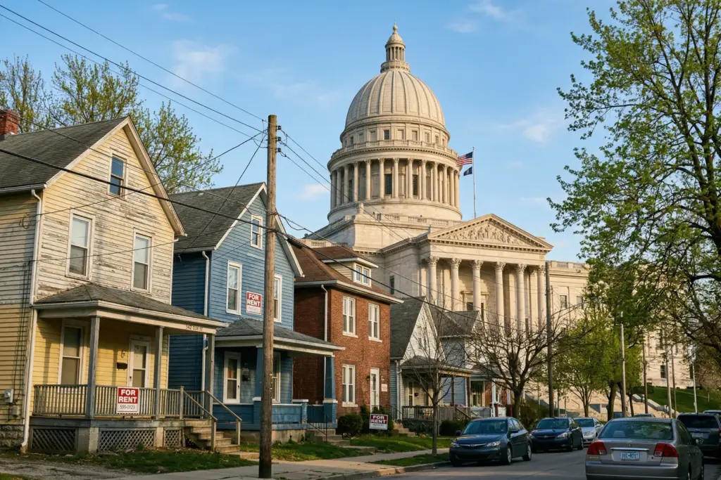 State capitol building with residential homes in foreground representing the 2026 short-term rental preemption legislative wave