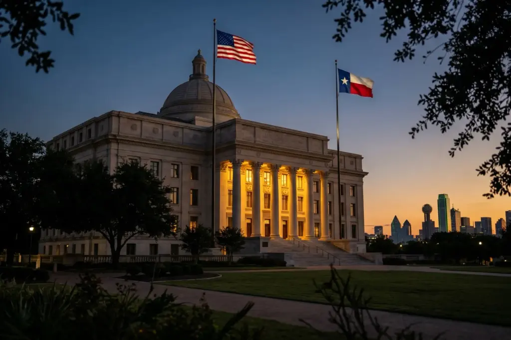 Texas Supreme Court building in Austin with Dallas skyline, illustrating the pending petition to enforce Dallas short-term rental ban before 2026 World Cup