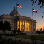 Texas Supreme Court building in Austin with Dallas skyline, illustrating the pending petition to enforce Dallas short-term rental ban before 2026 World Cup