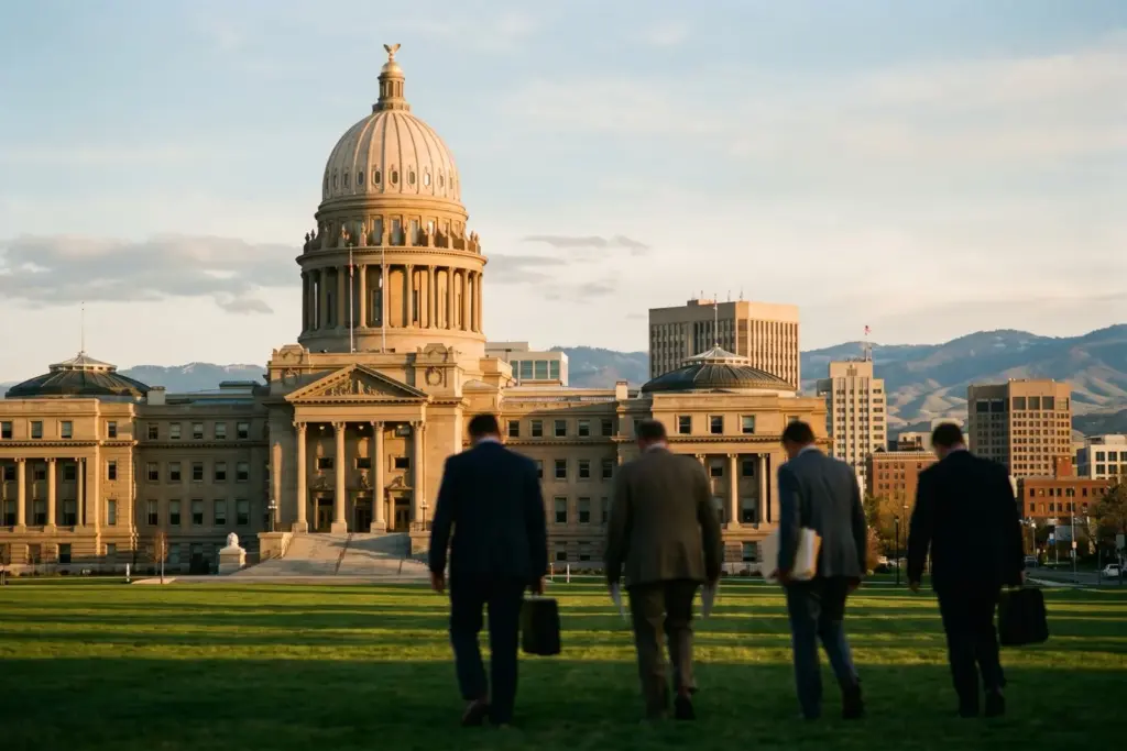 Idaho State Capitol building in Boise at golden hour as HB 583 preempts local short-term rental rules