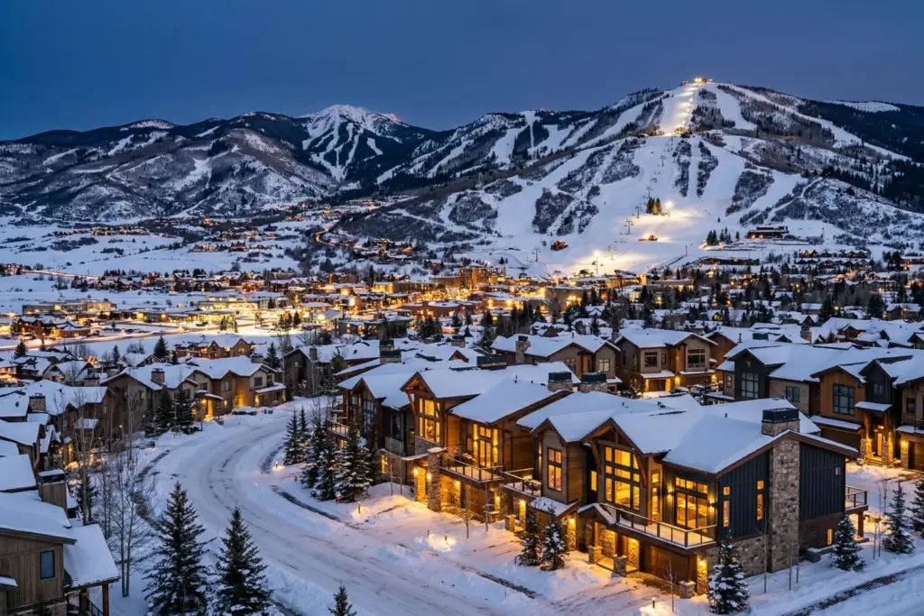 Steamboat Springs Colorado mountain condos and ski slopes at dusk representing the short-term rental investment market