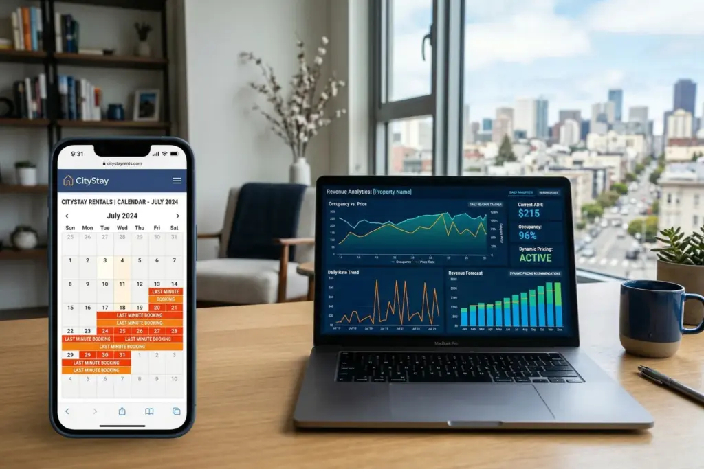 Smartphone showing vacation rental booking calendar next to laptop with dynamic pricing analytics dashboard