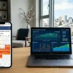 Smartphone showing vacation rental booking calendar next to laptop with dynamic pricing analytics dashboard