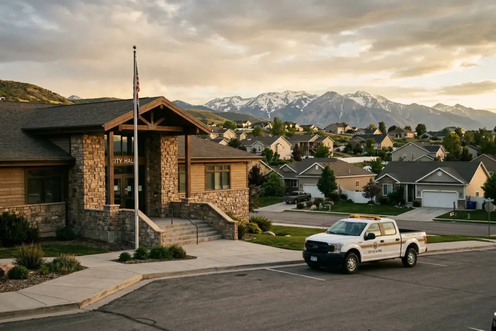 Mountain town city hall building representing STR complaint hotline enforcement in 2026