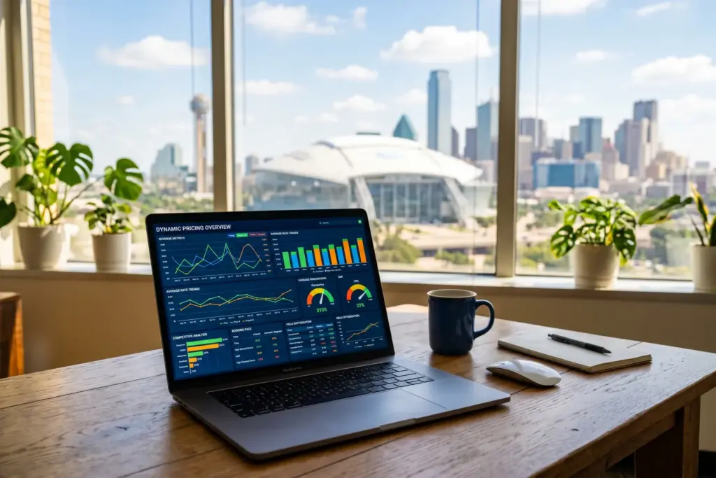 Dynamic pricing dashboard showing World Cup 2026 STR rate optimization with Dallas skyline