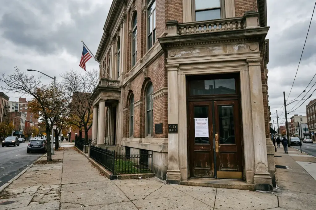 City hall building with code enforcement notice, representing STR enforcement technology