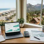 Real estate investment workspace with financial charts and diverse STR property markets