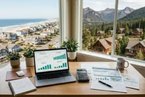 Real estate investment workspace with financial charts and diverse STR property markets