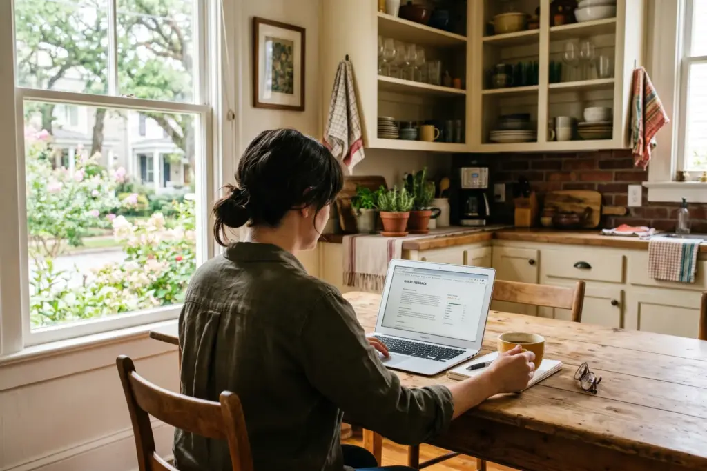 Short-term rental host reviewing guest feedback and complaints on a laptop in a bright vacation rental kitchen