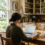 Short-term rental host reviewing guest feedback and complaints on a laptop in a bright vacation rental kitchen