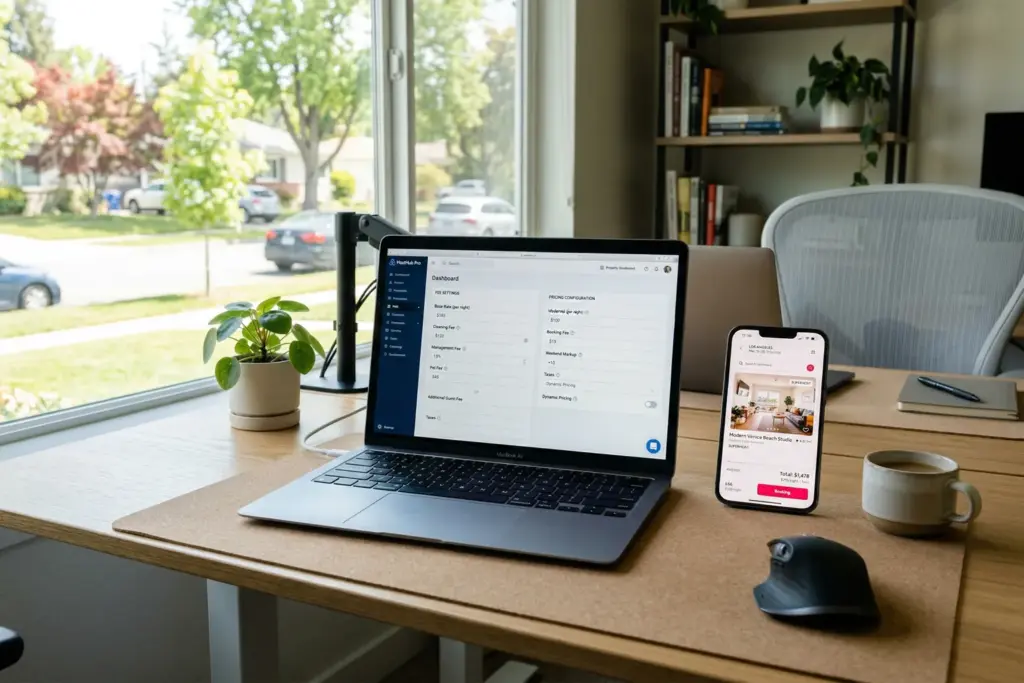 Laptop showing property management software fee settings for FTC junk fee rule compliance