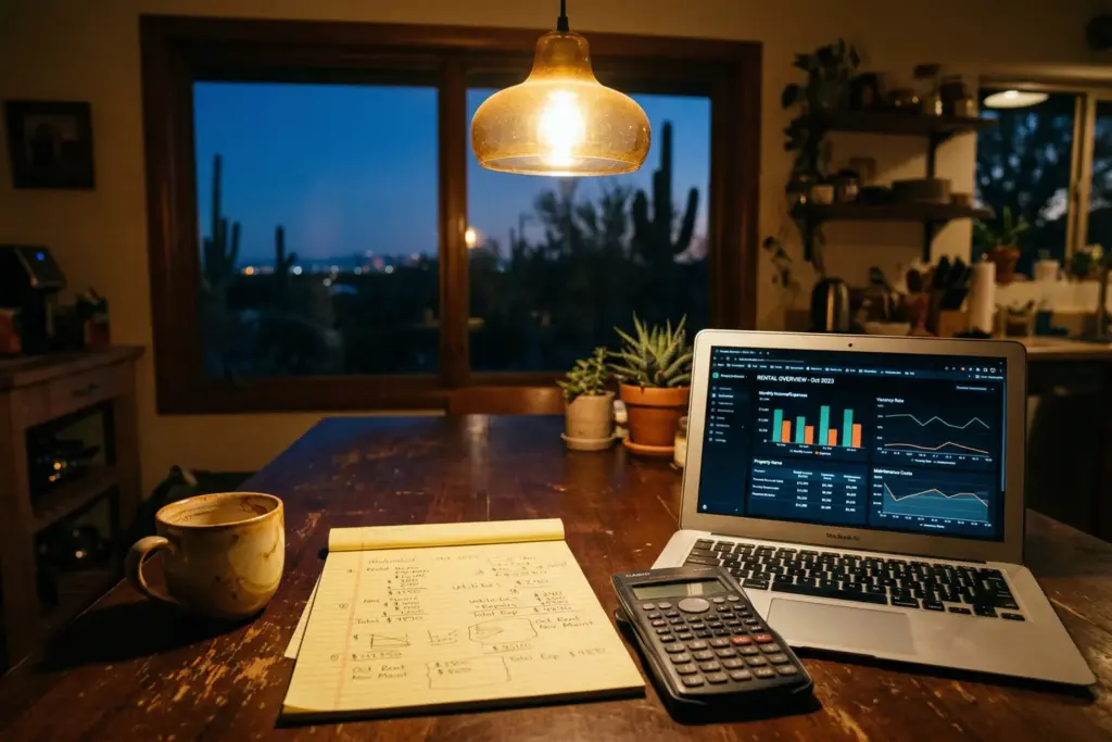 Kitchen table with legal pad, calculator, and laptop showing STR rental income dashboard in warm Scottsdale evening light