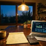 Kitchen table with legal pad, calculator, and laptop showing STR rental income dashboard in warm Scottsdale evening light