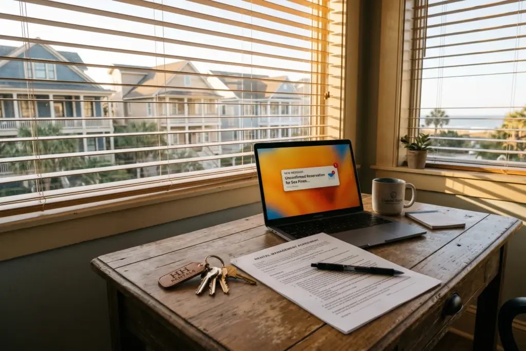 Property manager office desk with keys and contract in a coastal vacation rental town, symbolizing STR management transition