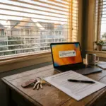 Property manager office desk with keys and contract in a coastal vacation rental town, symbolizing STR management transition