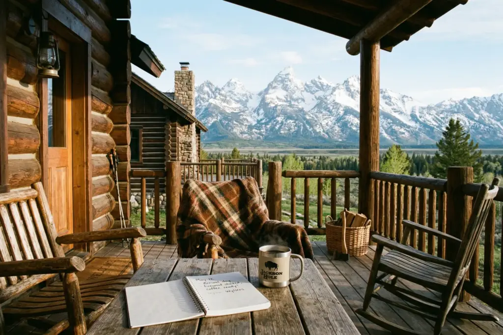 Mountain cabin porch with notebook and coffee mug overlooking snow-capped peaks in early spring, representing STR host preparation for summer 2026