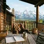 Mountain cabin porch with notebook and coffee mug overlooking snow-capped peaks in early spring, representing STR host preparation for summer 2026