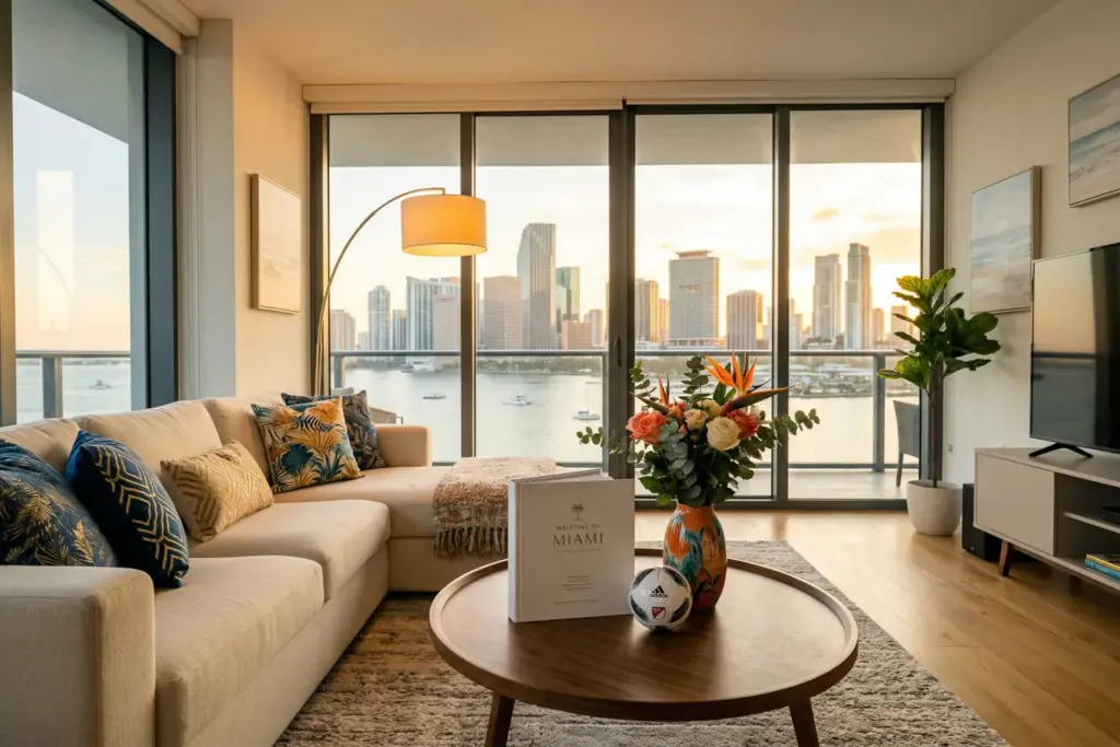 A professionally staged short-term rental living room in Miami prepared for FIFA World Cup 2026 guests