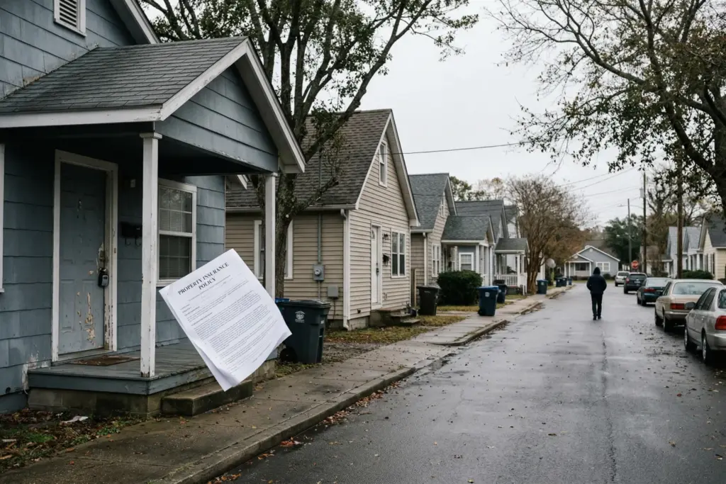 Residential street with vacation rental properties representing the hardening STR insurance market in 2026