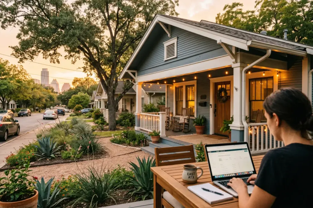 A well-maintained short-term rental property in East Austin with a laptop and coffee on the porch, representing the daily operations of a professional STR host in a regulated market