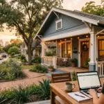 A well-maintained short-term rental property in East Austin with a laptop and coffee on the porch, representing the daily operations of a professional STR host in a regulated market