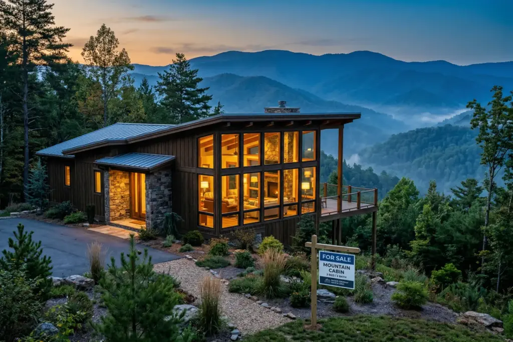 Mountain cabin with warm interior light at dusk representing STR investment opportunity in 2026