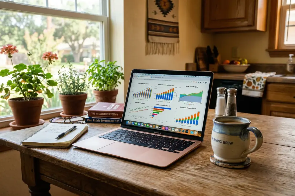 Laptop showing STR market data charts on a kitchen table with morning coffee, representing investor market research process