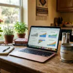 Laptop showing STR market data charts on a kitchen table with morning coffee, representing investor market research process