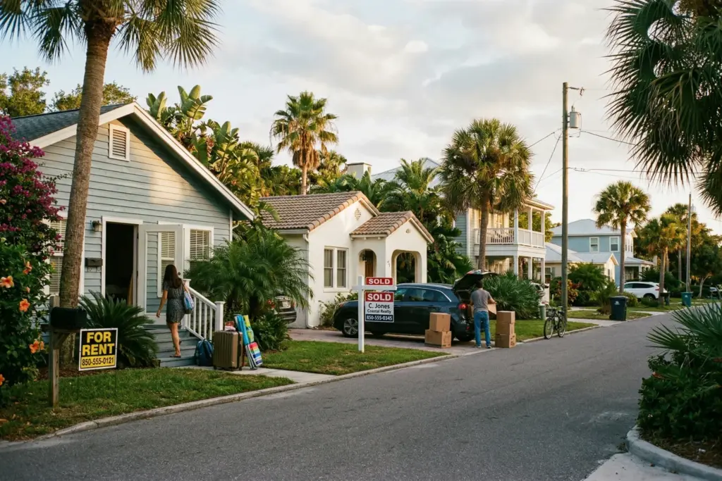 Coastal vacation rental neighborhood with FOR RENT and SOLD signs representing STR investor decisions after city bans