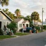 Coastal vacation rental neighborhood with FOR RENT and SOLD signs representing STR investor decisions after city bans