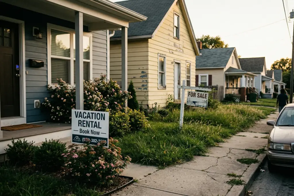 Residential street showing contrast between professional STR property and a property for sale, illustrating the 2026 STR market divide