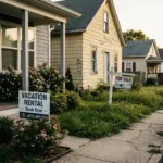 Residential street showing contrast between professional STR property and a property for sale, illustrating the 2026 STR market divide