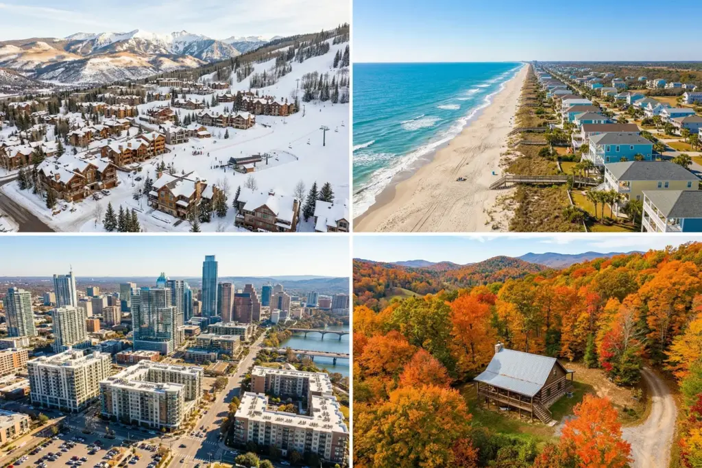 Four STR market types compared: ski mountain village, beach coastline, urban skyline, and rural cabin