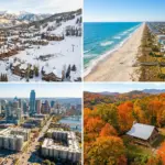 Four STR market types compared: ski mountain village, beach coastline, urban skyline, and rural cabin