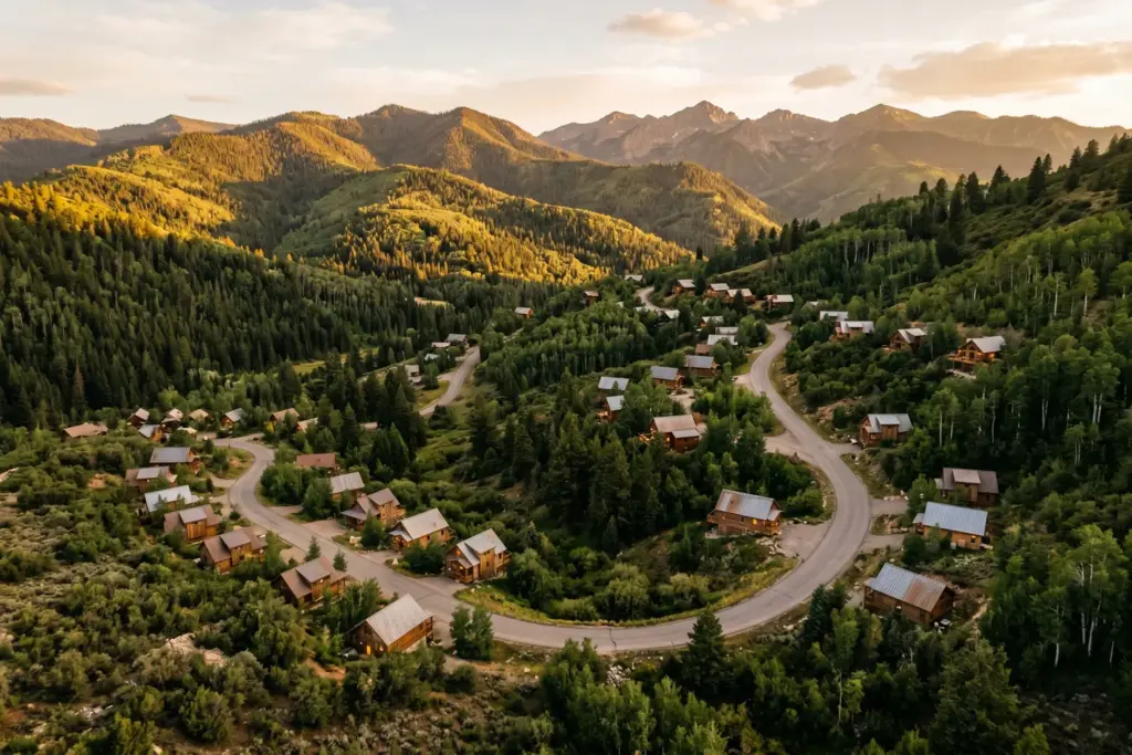Mountain vacation rental cabins in a hotel-absent STR market showing the type of lodging that dominates areas without hotel competition