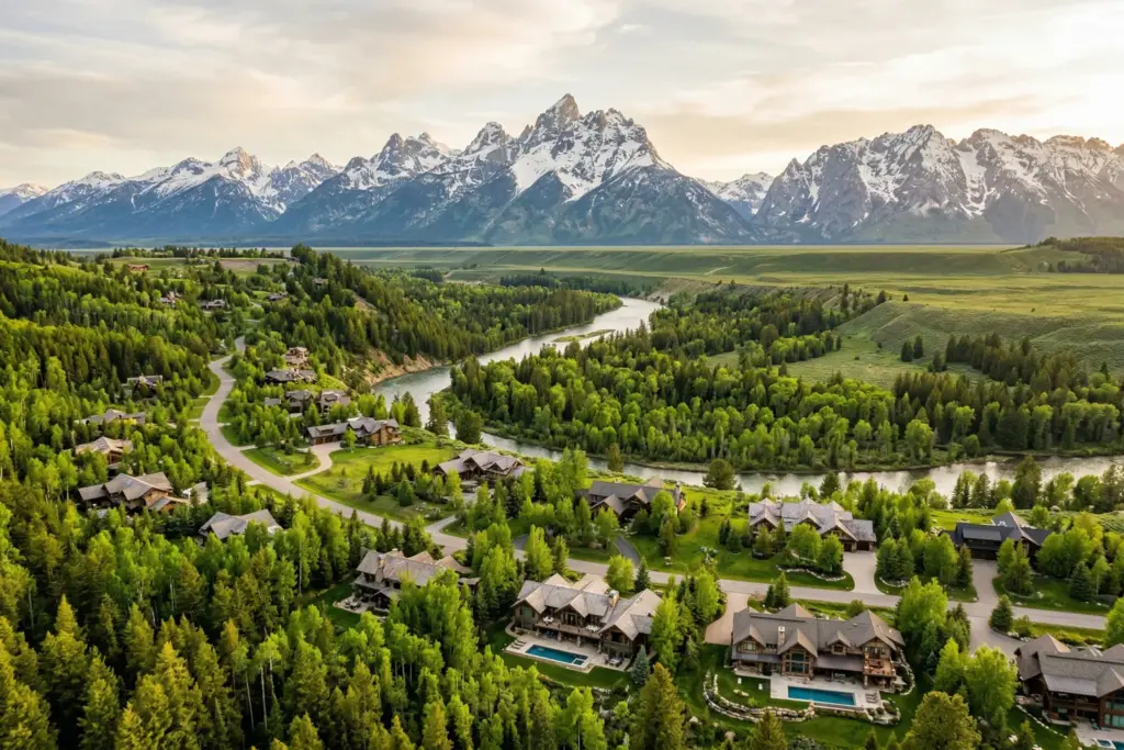 Aerial view of Jackson Hole Wyoming with Teton mountains showing summer STR market demand
