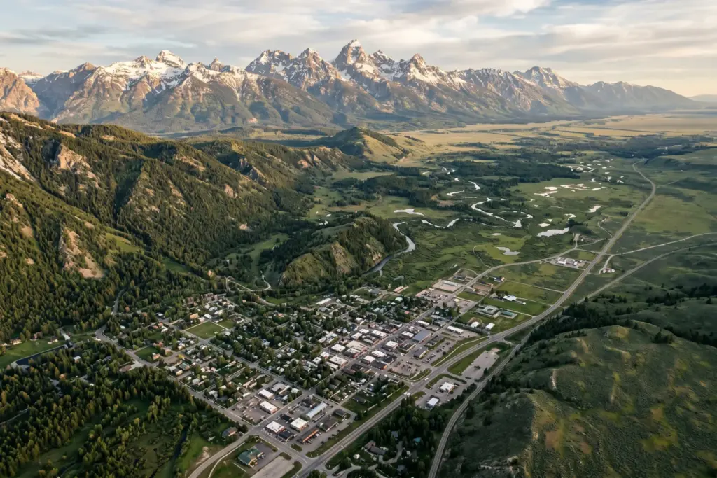 Aerial view of Jackson Hole Wyoming valley surrounded by protected mountain wilderness illustrating geographic supply constraints in STR markets