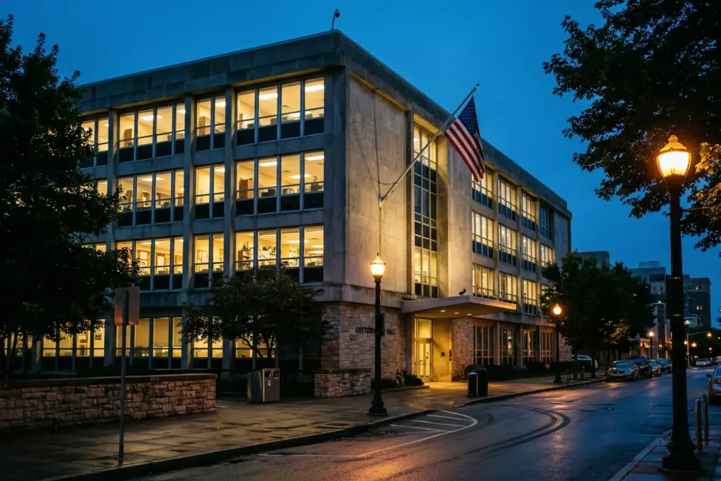 City hall building at dusk representing STR ordinance enforcement across American cities
