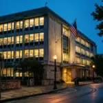 City hall building at dusk representing STR ordinance enforcement across American cities