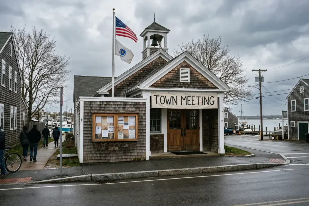 Coastal New England town hall representing municipal STR permit cap regulations