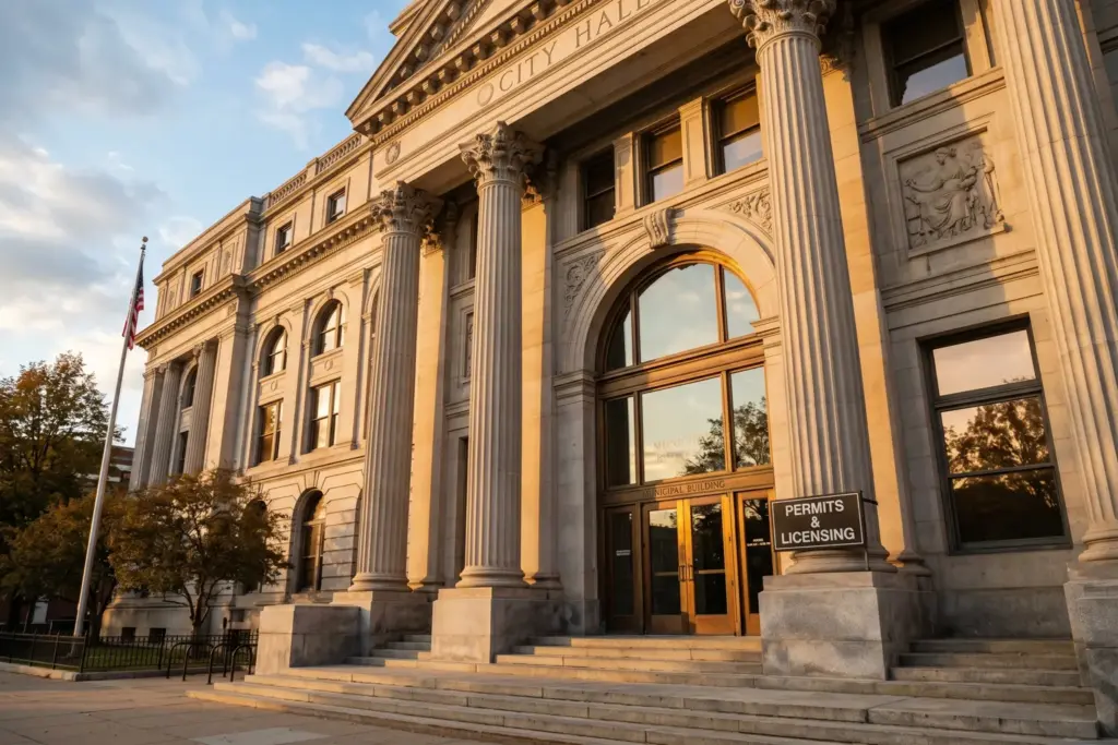 Government municipal building with permits and licensing office representing STR permit denial appeals process